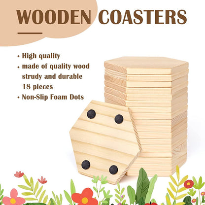 18 Pieces Unfinished Wood Coasters, 4 Inch Hexagon Blank Wooden Coasters Crafts with Non-Slip Silicon Dots - WoodArtSupply