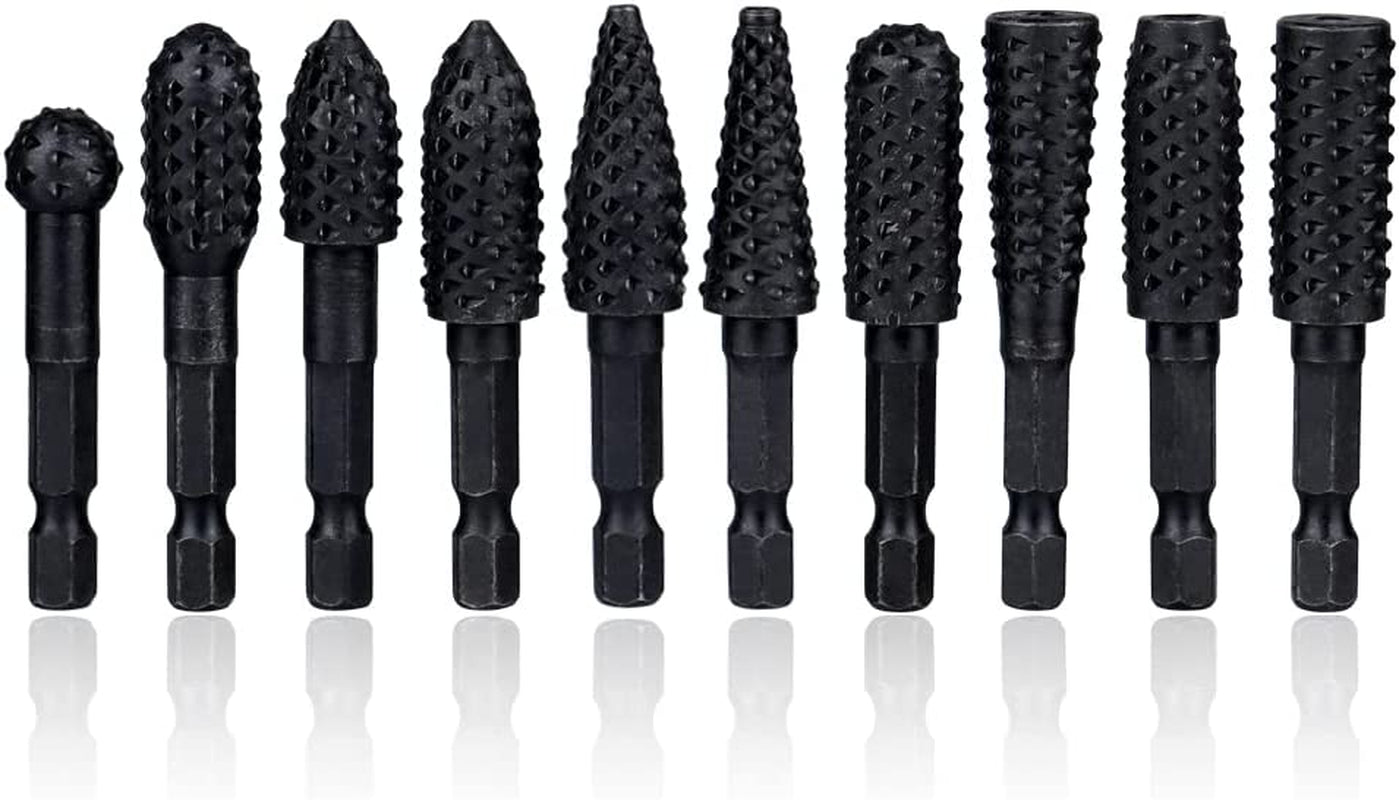 10 Pieces Rotary Burr Rasp Set, 1/4 Inch Hex Shank Quick Change Wood Carving Drill Bits Carbon Steel File Rasp DIY Woodworking Tool for Wood Plastic Engraving Polishing Grinding