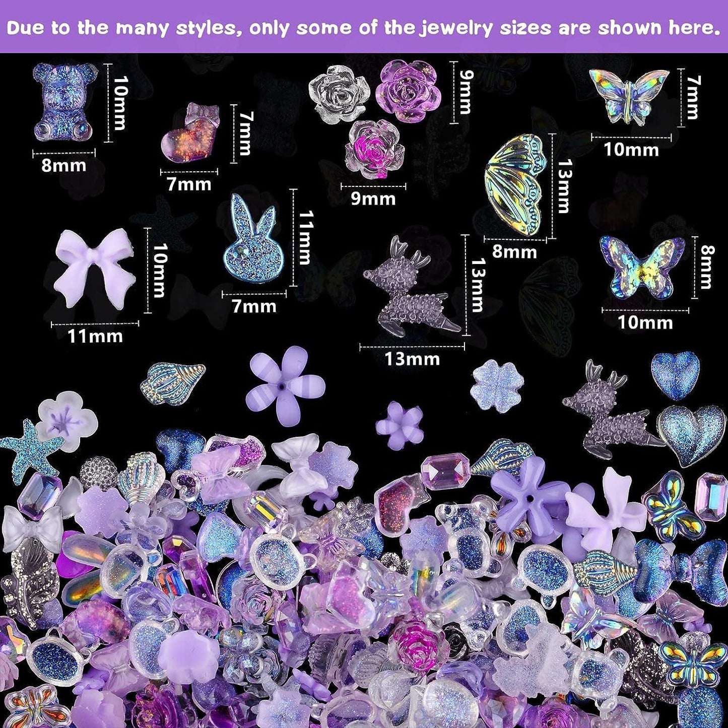100 Pieces 3D Resin Butterfly Bear Nail Charms Rose Flower Peach Skirt Bow Deer Snake Rabbit Animal Shaped Nail Art Rhinestones Pearls for DIY Nail Art Decoration Making Craft (Purple) - WoodArtSupply