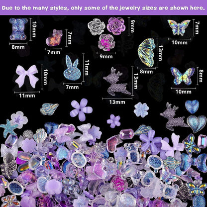 100 Pieces 3D Resin Butterfly Bear Nail Charms Rose Flower Peach Skirt Bow Deer Snake Rabbit Animal Shaped Nail Art Rhinestones Pearls for DIY Nail Art Decoration Making Craft (Purple) - WoodArtSupply