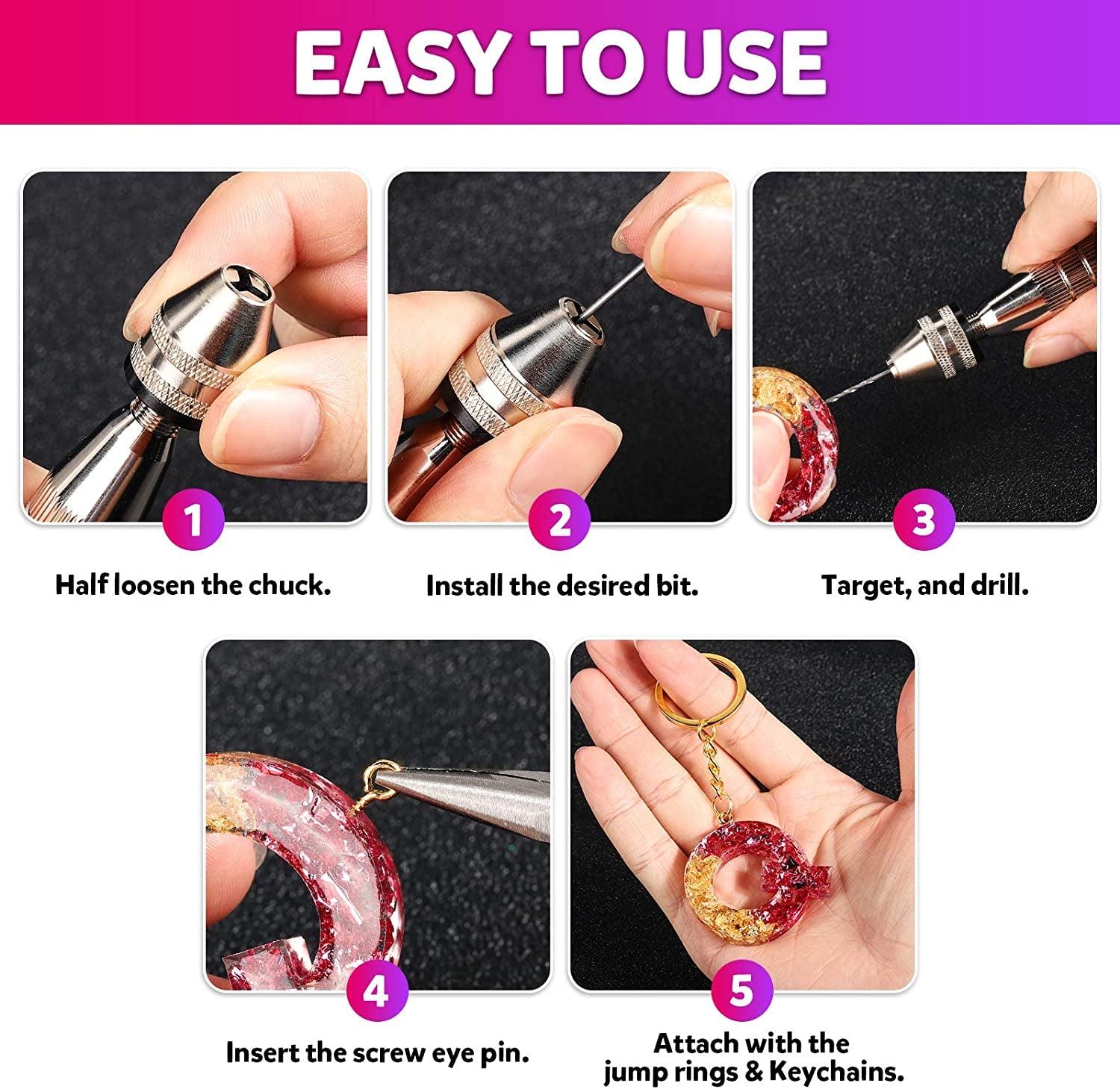 222 PCS Pin Vise Kit for Resin Molds, Steel Hand Drill with Drill Bits & Grip Nose Pliers & Keychain Supplies Jump Rings, Hand Drill for Silicone WoodArtSupply