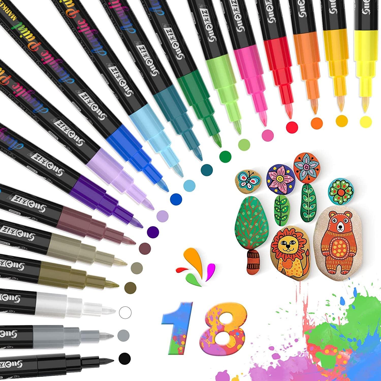 18 Colors Acrylic Paint Marker Pens for Rock Painting Fine Point Acrylic Paint Pens WoodArtSupply