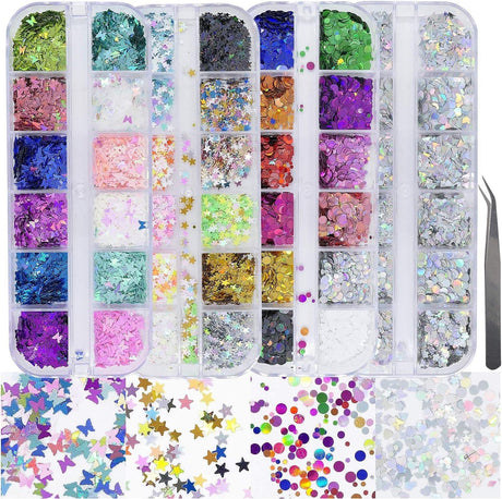 4 Boxes Holographic Nail Sequins Shapes Mixed Iridescent Nail Glitter Flakes Butterfly Hearts Star DIY Design Manicure Decorations Sets for Nail WoodArtSupply
