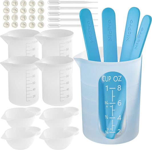 Silicone Resin Measuring Cups Tool Kit- 250 & 100 Ml Measure Cups, Silicone Popsicle Stir Sticks, Pipettes, Finger Cots for Epoxy Resin Mixing, Molds, Jewelry Making, Waxing, Easy Clean - WoodArtSupply
