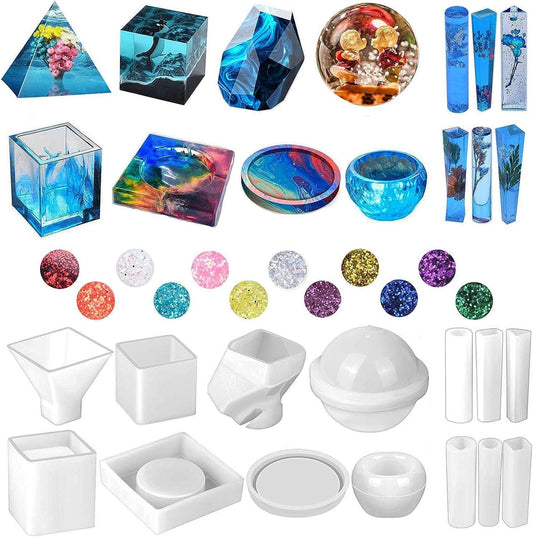 Silicone Resin Molds Kit 26PCS, Epoxy Molds, Large Casting with 12 Glitter Sequins for UV Casting, Including Sphere, Cube, Pyramid, Square, Coaster, Stone & Pendants - WoodArtSupply