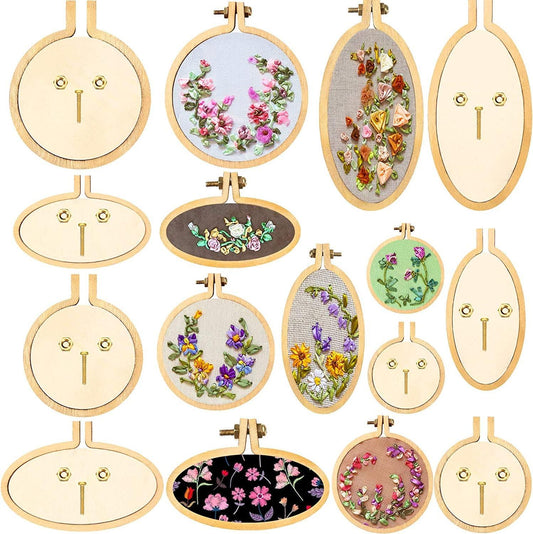 Mini Embroidery Hoop Wooden Mini Crossing Stitch Hoop Mini Ring Embroidery Circle for DIY Pendant Crafts, Round, Oval Vertical, Oval Horizontal (16 Sets)