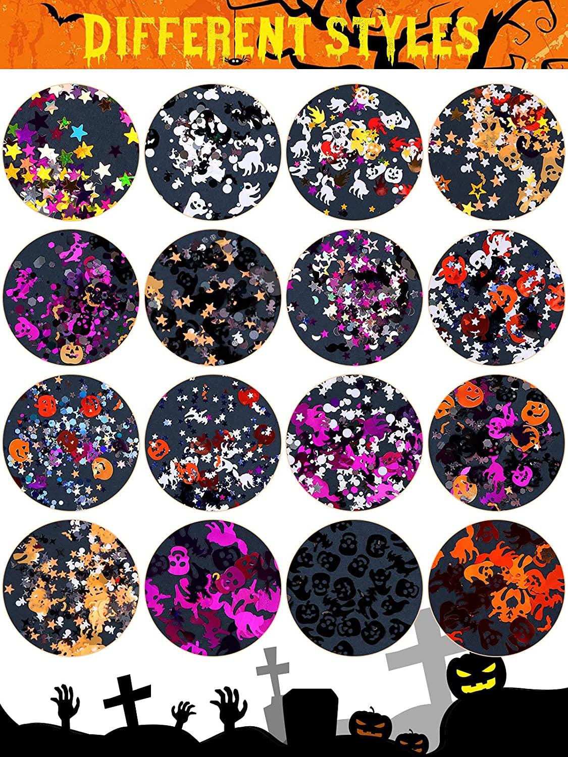 3 Boxes Halloween Nail Art Glitter Sequins, 3D Holographic Skull Spider Pumpkin Bat Ghost Witch Halloween Confetti Glitter for DIY Nail Art Halloween WoodArtSupply