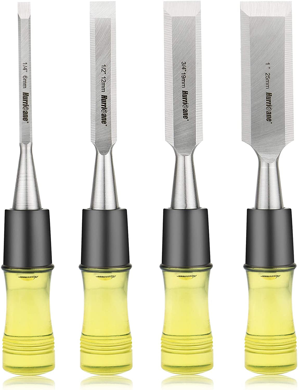 Hurricane 4 Piece Wood Chisel Set for Woodworking, CR-V Steel Beveled Edge Blade, Durable PVC High Impact Handle Wood Chisel WoodArtSupply