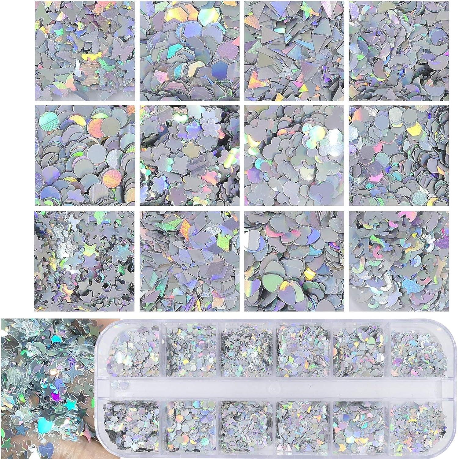 4 Boxes Holographic Nail Sequins Shapes Mixed Iridescent Nail Glitter Flakes Butterfly Hearts Star DIY Design Manicure Decorations Sets for Nail WoodArtSupply