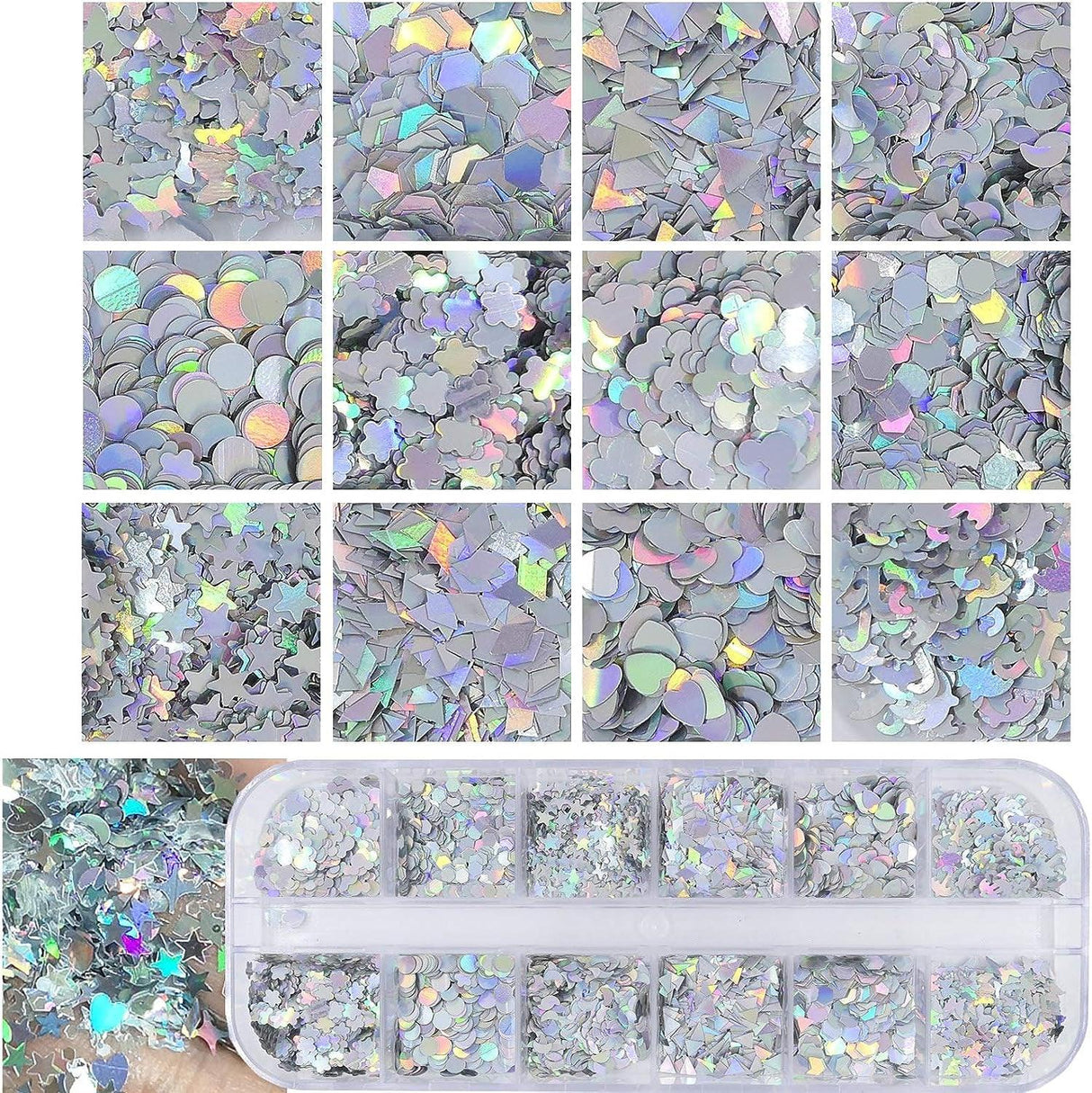 4 Boxes Holographic Nail Sequins Shapes Mixed Iridescent Nail Glitter Flakes Butterfly Hearts Star DIY Design Manicure Decorations Sets for Nail WoodArtSupply