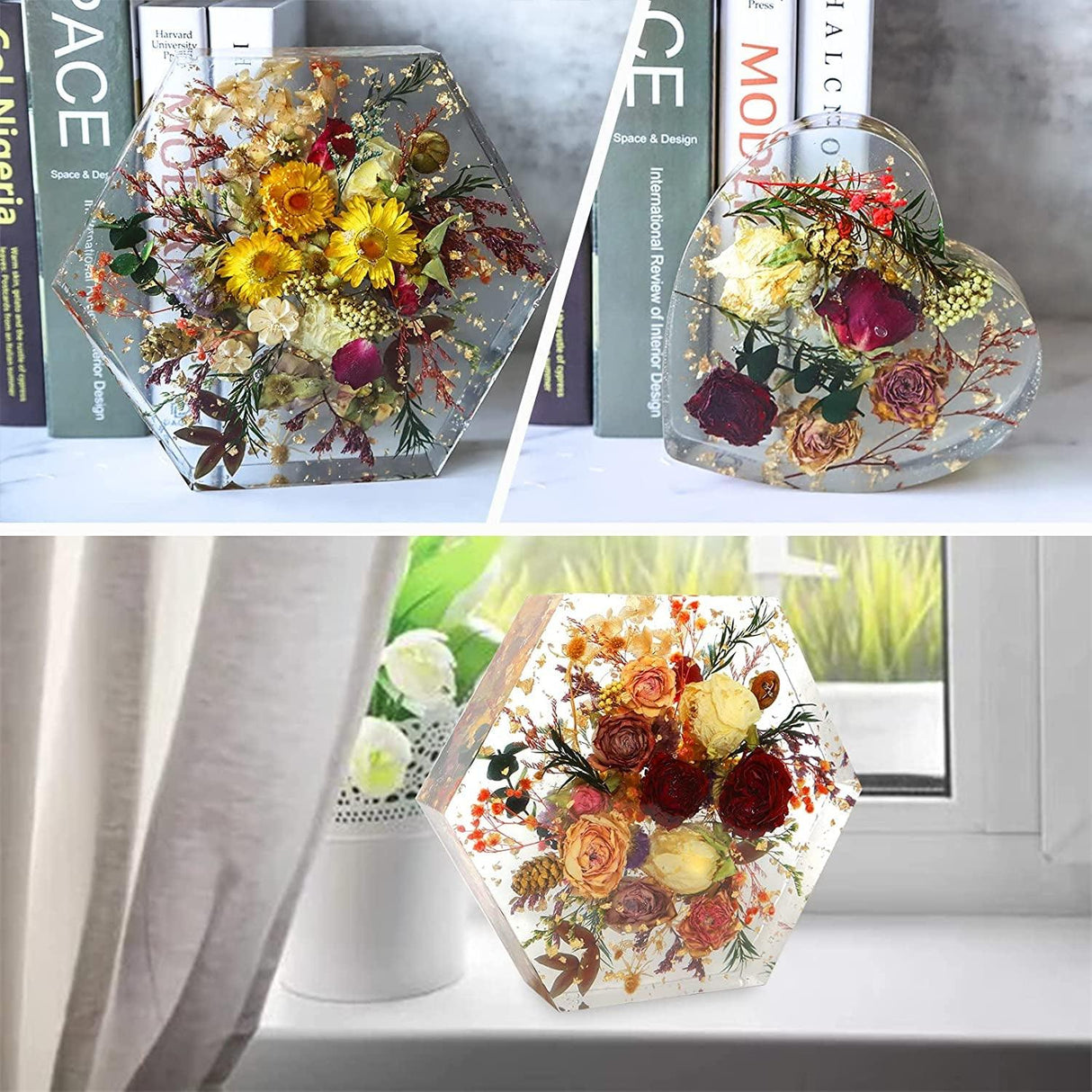 3 PCS Large Resin Molds Silicone, Including Deep Hexagon, Heart, Square Epoxy Resin Casting Mold for Flower Preservation Bookends DIY Art WoodArtSupply