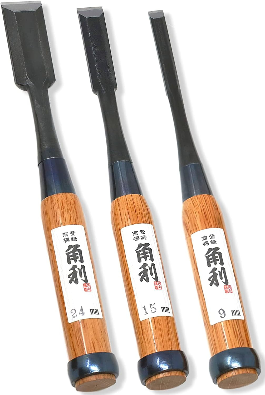 Japanese Wood Chisel Set [Long Handle] 3 Piece for Woodworking, Made in JAPAN, Japanese Oire Nomi for Carve, Mortise, Dovetail, Sharp Japanese Carbon Steel, Red Oak Wood Handle