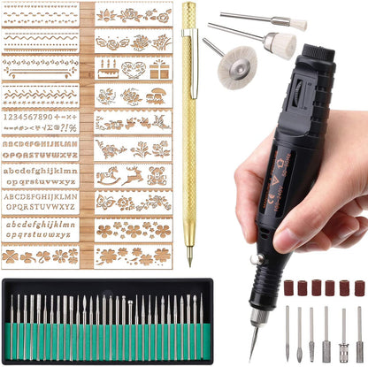 Electric Micro Engraver Pen Mini DIY Engraving Tool Kit for Metal Glass Ceramic Plastic Wood Jewelry 1 Scriber Etcher 30 Bits 6 Polishing Head 3 Wool Cleaner Bits 20 Stencils and Operating Instruction