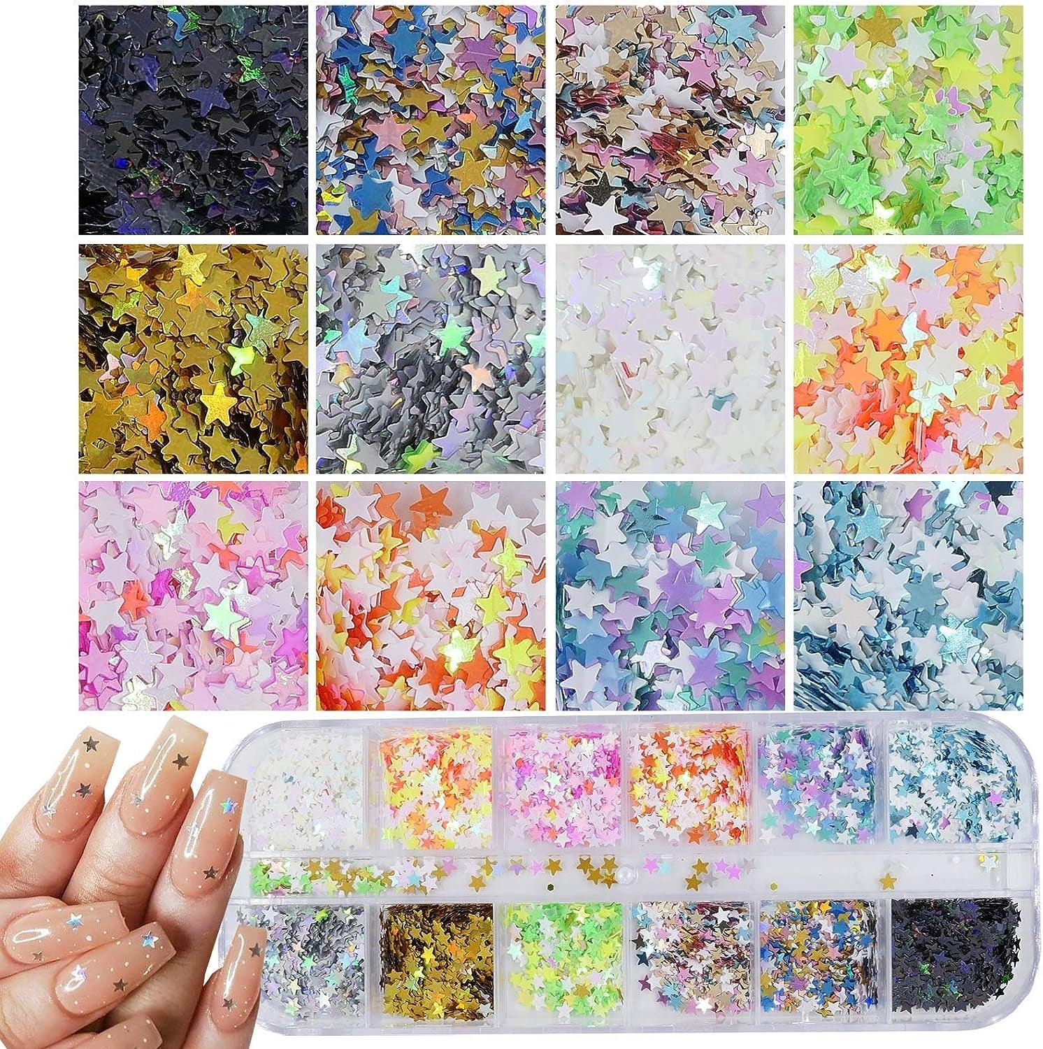 4 Boxes Holographic Nail Sequins Shapes Mixed Iridescent Nail Glitter Flakes Butterfly Hearts Star DIY Design Manicure Decorations Sets for Nail WoodArtSupply