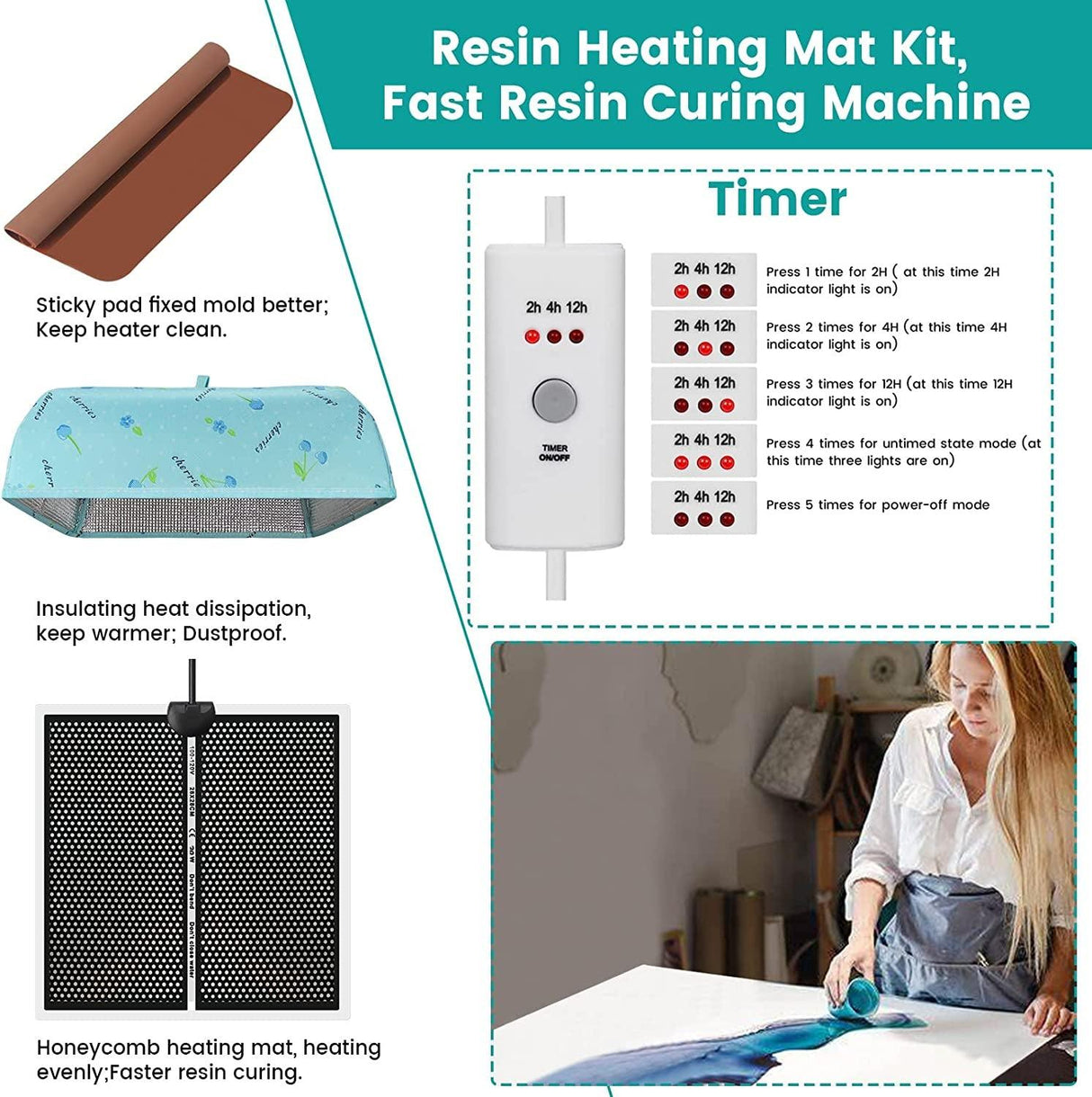 Epoxy Heating Mat with Cover Timer, Heat Pad for Resin Molds, Fast Curing Drying Warming Machine WoodArtSupply